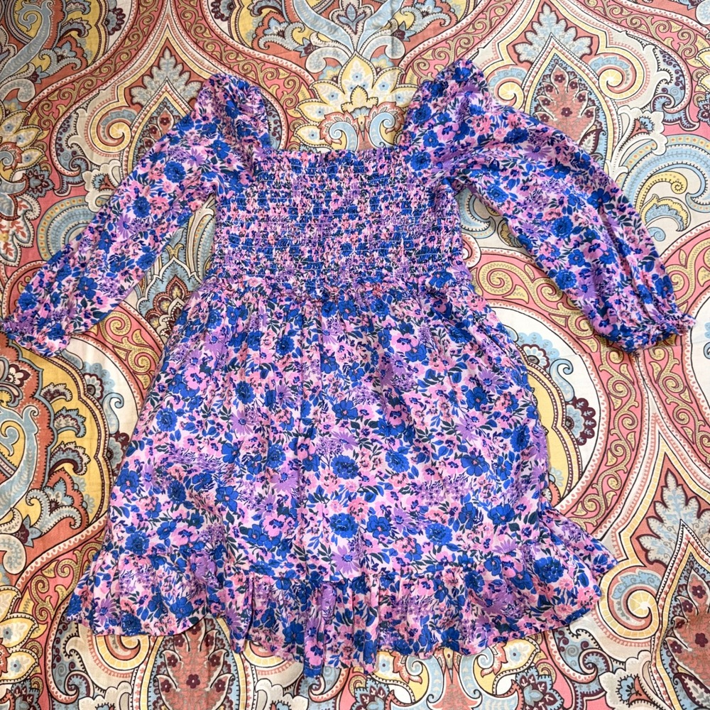 Vineyard Vines Girls Purple Blue Floral Smocked Long Sleeve Dress 4T 7Q001650